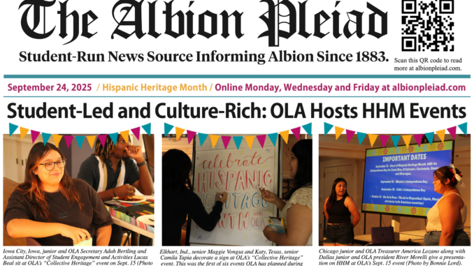 The front page of a newspaper, the top text reading "The Albion Pleiad" above the feature story, which shows three photos and a body of text under a headline. The headline reads: "Student-Led and Culture-Rich: OLA Hosts HHM Events."